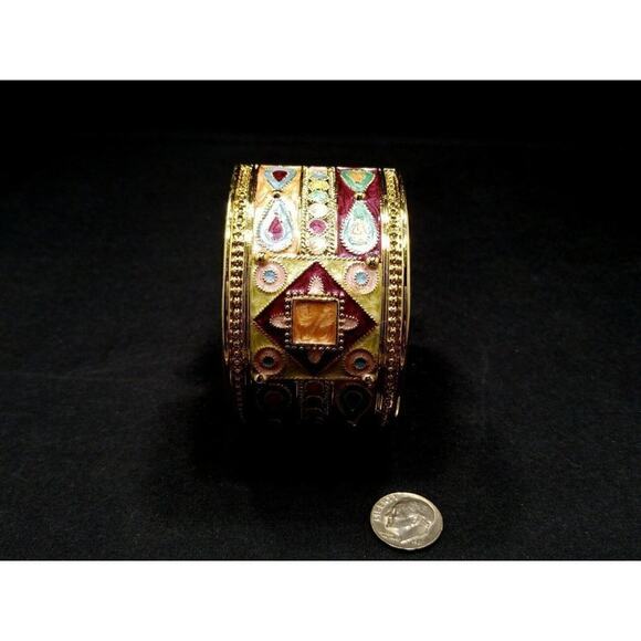 Wide Bangle Bracelet, Hinged Closure, Peach Pink Turquoise Enamel, 7 3/4 Inches - Picture 11 of 12